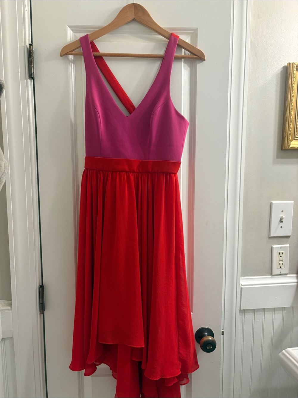 Black Halo Pink and Red V-Neck High-Low Dress